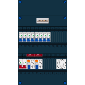 Schotman Elektro B.V. - SEP FS63A, 1xHoofdschakelaar, 2xAardlekschakelaar-Type B, 8xInstallatieautomaat, 1xContactdoos, 1 Fase