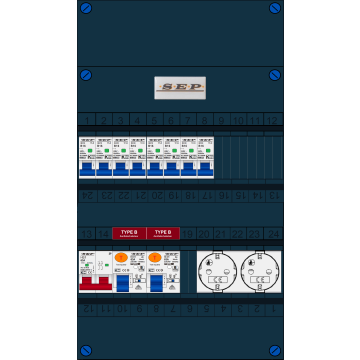 Schotman Elektro B.V. - SEP FS63A, 1xHoofdschakelaar, 2xAardlekschakelaar-Type B, 8xInstallatieautomaat, 2xContactdoos, 1 Fase