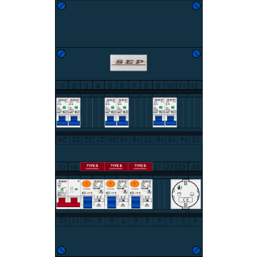 Schotman Elektro B.V. - SEP FS63A, 1xHoofdschakelaar, 3xAardlekschakelaar-Type B, 6xInstallatieautomaat, 1xContactdoos, 1 Fase