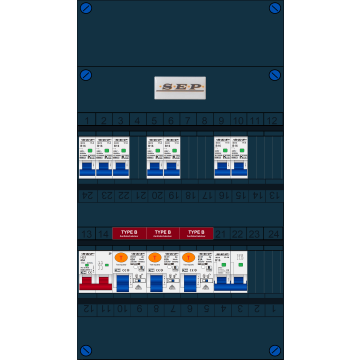 Schotman Elektro B.V. - SEP FS63A, 1xHoofdschakelaar, 3xAardlekschakelaar-Type B, 7xInstallatieautomaat, 1xFornuisgroep, 1 Fase