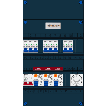 Schotman Elektro B.V. - SEP FS63A, 1xHoofdschakelaar, 3xAardlekschakelaar-Type B, 8xInstallatieautomaat, 1xContactdoos, 1 Fase