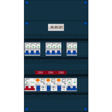 Schotman Elektro B.V. - SEP FS63A, 1xHoofdschakelaar, 3xAardlekschakelaar-Type B, 8xInstallatieautomaat, 1xFornuisgroep, 1 Fase