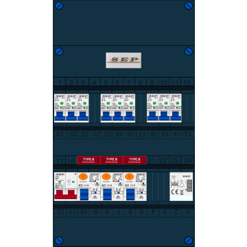 Schotman Elektro B.V. - SEP FS63A, 1xHoofdschakelaar, 3xAardlekschakelaar-Type B, 9xInstallatieautomaat, 1xBeltrafo, 1 Fase