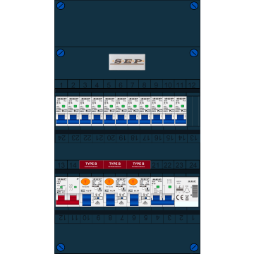Schotman Elektro B.V. - SEP FS63A, 1xHoofdschakelaar, 3xAardlekschakelaar-Type B, 11xInstallatieautomaat, 1xFornuisgroep, 1xBeltrafo, 1 Fase