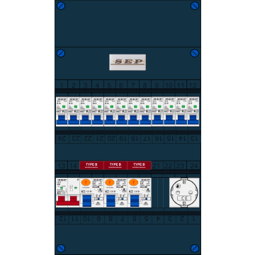 Schotman Elektro B.V. - SEP FS63A, 1xHoofdschakelaar, 3xAardlekschakelaar-Type B, 12xInstallatieautomaat, 1xContactdoos, 1 Fase