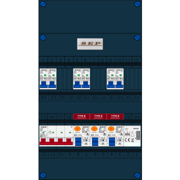 Schotman Elektro B.V. - SEP FS63A, 1xHoofdschakelaar, 3xAardlekschakelaar-Type B, 6xInstallatieautomaat, 1xBeltrafo, 3 Fase