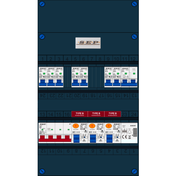 Schotman Elektro B.V. - SEP FS63A, 1xHoofdschakelaar, 3xAardlekschakelaar-Type B, 7xInstallatieautomaat, 1xFornuisgroep, 1xBeltrafo, 3 Fase