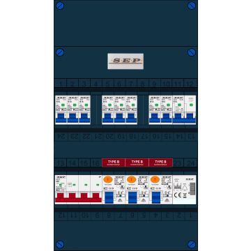 Schotman Elektro B.V. - SEP FS63A, 1xHoofdschakelaar, 3xAardlekschakelaar-Type B, 8xInstallatieautomaat, 1xFornuisgroep, 1xBeltrafo, 3 Fase