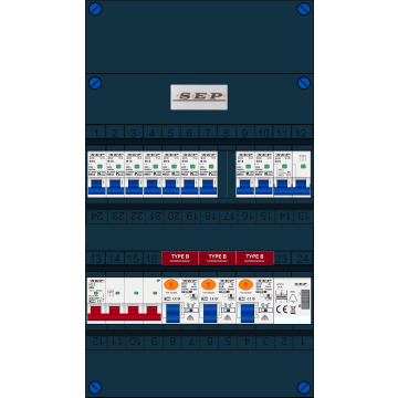 Schotman Elektro B.V. - SEP FS63A, 1xHoofdschakelaar, 3xAardlekschakelaar-Type B, 9xInstallatieautomaat, 1xFornuisgroep, 1xBeltrafo, 3 Fase