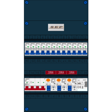 Schotman Elektro B.V. - SEP FS63A, 1xHoofdschakelaar, 3xAardlekschakelaar-Type B, 12xInstallatieautomaat, 1xBeltrafo, 3 Fase
