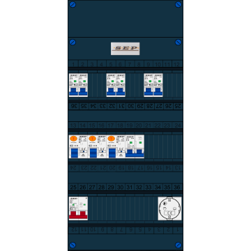 Schotman Elektro B.V. - SEP FS63A, 1xHoofdschakelaar, 3xAardlekschakelaar, 6xInstallatieautomaat, 1xFornuisgroep, 1xContactdoos, 1 Fase