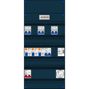 Schotman Elektro B.V. - SEP FS63A, 1xHoofdschakelaar, 3xAardlekschakelaar, 6xInstallatieautomaat, 1xFornuisgroep, 1xBeltrafo, 1xContactdoos, 1 Fase