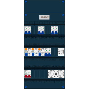 Schotman Elektro B.V. - SEP FS63A, 1xHoofdschakelaar, 3xAardlekschakelaar, 6xInstallatieautomaat, 1xFornuisgroep, 1xBeltrafo, 2xContactdoos, 1 Fase