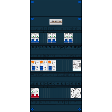 Schotman Elektro B.V. - SEP FS63A, 1xHoofdschakelaar, 3xAardlekschakelaar, 6xInstallatieautomaat, 1xBeltrafo, 1xContactdoos, 1 Fase