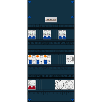 Schotman Elektro B.V. - SEP FS63A, 1xHoofdschakelaar, 3xAardlekschakelaar, 6xInstallatieautomaat, 1xBeltrafo, 2xContactdoos, 1 Fase