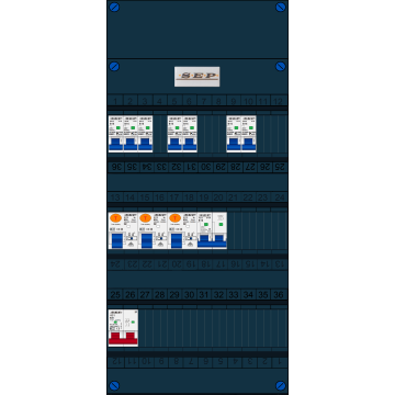 Schotman Elektro B.V. - SEP FS63A, 1xHoofdschakelaar, 3xAardlekschakelaar, 7xInstallatieautomaat, 1xFornuisgroep, 1 Fase