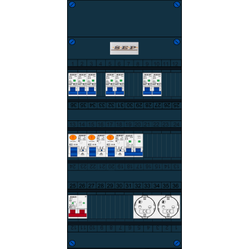 Schotman Elektro B.V. - SEP FS63A, 1xHoofdschakelaar, 3xAardlekschakelaar, 7xInstallatieautomaat, 1xFornuisgroep, 2xContactdoos, 1 Fase