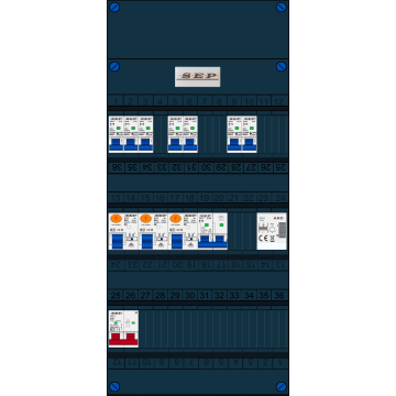 Schotman Elektro B.V. - SEP FS63A, 1xHoofdschakelaar, 3xAardlekschakelaar, 7xInstallatieautomaat, 1xFornuisgroep, 1xBeltrafo, 1 Fase