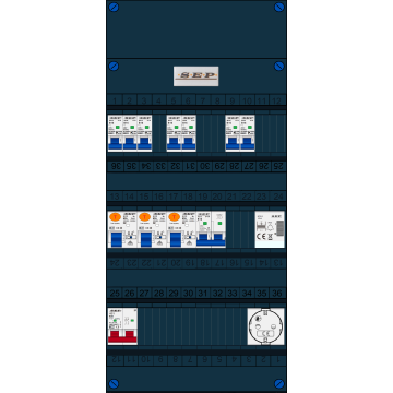 Schotman Elektro B.V. - SEP FS63A, 1xHoofdschakelaar, 3xAardlekschakelaar, 7xInstallatieautomaat, 1xFornuisgroep, 1xBeltrafo, 1xContactdoos, 1 Fase