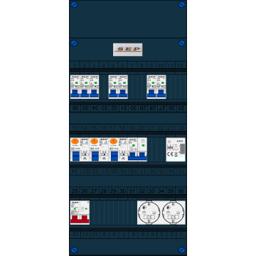 Schotman Elektro B.V. - SEP FS63A, 1xHoofdschakelaar, 3xAardlekschakelaar, 7xInstallatieautomaat, 1xFornuisgroep, 1xBeltrafo, 2xContactdoos, 1 Fase