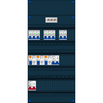 Schotman Elektro B.V. - SEP FS63A, 1xHoofdschakelaar, 3xAardlekschakelaar, 8xInstallatieautomaat, 1xFornuisgroep, 1 Fase