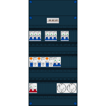Schotman Elektro B.V. - SEP FS63A, 1xHoofdschakelaar, 3xAardlekschakelaar, 8xInstallatieautomaat, 1xFornuisgroep, 2xContactdoos, 1 Fase