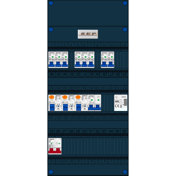 Schotman Elektro B.V. - SEP FS63A, 1xHoofdschakelaar, 3xAardlekschakelaar, 8xInstallatieautomaat, 1xFornuisgroep, 1xBeltrafo, 1 Fase