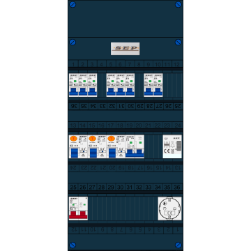 Schotman Elektro B.V. - SEP FS63A, 1xHoofdschakelaar, 3xAardlekschakelaar, 8xInstallatieautomaat, 1xFornuisgroep, 1xBeltrafo, 1xContactdoos, 1 Fase