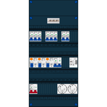 Schotman Elektro B.V. - SEP FS63A, 1xHoofdschakelaar, 3xAardlekschakelaar, 8xInstallatieautomaat, 1xFornuisgroep, 1xBeltrafo, 2xContactdoos, 1 Fase