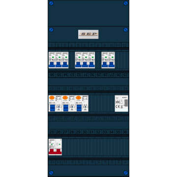 Schotman Elektro B.V. - SEP FS63A, 1xHoofdschakelaar, 3xAardlekschakelaar, 8xInstallatieautomaat, 1xBeltrafo, 1 Fase