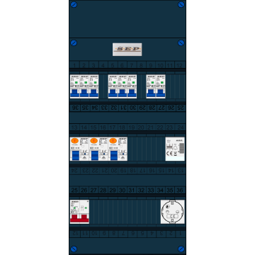 Schotman Elektro B.V. - SEP FS63A, 1xHoofdschakelaar, 3xAardlekschakelaar, 8xInstallatieautomaat, 1xBeltrafo, 1xContactdoos ,1 Fase