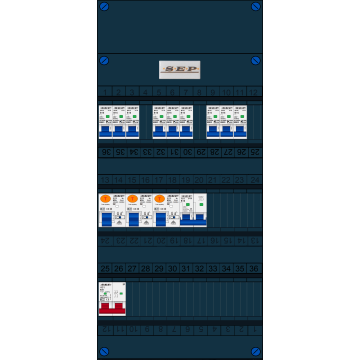 Schotman Elektro B.V. - SEP FS63A, 1xHoofdschakelaar, 3xAardlekschakelaar, 9xInstallatieautomaat, 1xFornuisgroep, 1 Fase