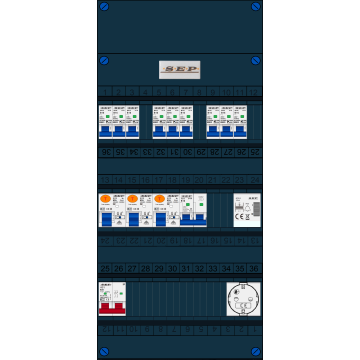 Schotman Elektro B.V. - SEP FS63A, 1xHoofdschakelaar, 3xAardlekschakelaar, 9xInstallatieautomaat, 1xFornuisgroep, 1xBeltrafo, 1xContactdoos, 1 Fase