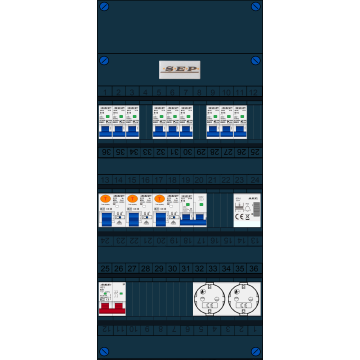 Schotman Elektro B.V. - SEP FS63A, 1xHoofdschakelaar, 3xAardlekschakelaar, 9xInstallatieautomaat, 1xFornuisgroep, 1xBeltrafo, 2xContactdoos, 1 Fase