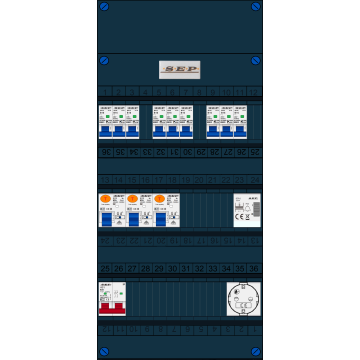 Schotman Elektro B.V. - SEP FS63A, 1xHoofdschakelaar, 3xAardlekschakelaar, 9xInstallatieautomaat, 1xBeltrafo, 1xContactdoos ,1 Fase