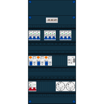 Schotman Elektro B.V. - SEP FS63A, 1xHoofdschakelaar, 3xAardlekschakelaar, 9xInstallatieautomaat, 1xBeltrafo, 2xContactdoos ,1 Fase