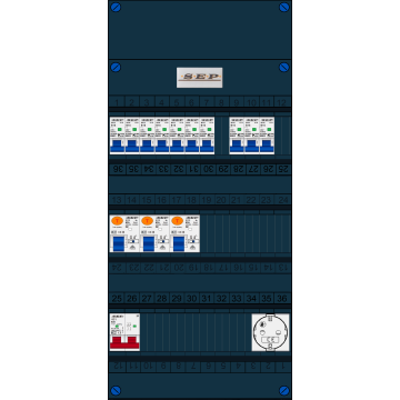 Schotman Elektro B.V. - SEP FS63A, 1xHoofdschakelaar, 3xAardlekschakelaar, 10xInstallatieautomaat, 1xContactdoos, 1 Fase