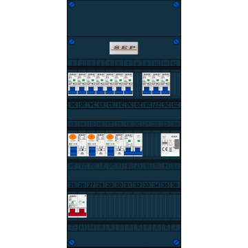 Schotman Elektro B.V. - SEP FS63A, 1xHoofdschakelaar, 3xAardlekschakelaar, 10xInstallatieautomaat, 1xFornuisgroep, 1xBeltrafo, 1 Fase