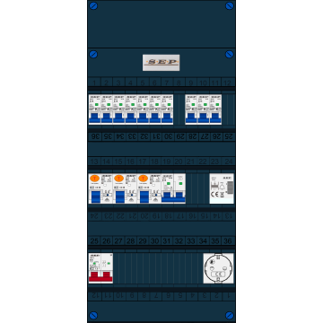 Schotman Elektro B.V. - SEP FS63A, 1xHoofdschakelaar, 3xAardlekschakelaar, 10xInstallatieautomaat, 1xFornuisgroep, 1xBeltrafo, 1xContactdoos, 1 Fase