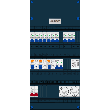 Schotman Elektro B.V. - SEP FS63A, 1xHoofdschakelaar, 3xAardlekschakelaar, 10xInstallatieautomaat, 1xFornuisgroep, 1xBeltrafo, 2xContactdoos, 1 Fase