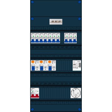 Schotman Elektro B.V. - SEP FS63A, 1xHoofdschakelaar, 3xAardlekschakelaar, 10xInstallatieautomaat, 1xBeltrafo, 1xContactdoos ,1 Fase