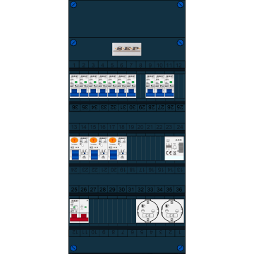 Schotman Elektro B.V. - SEP FS63A, 1xHoofdschakelaar, 3xAardlekschakelaar, 10xInstallatieautomaat, 1xBeltrafo, 2xContactdoos ,1 Fase