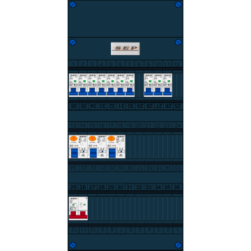 Schotman Elektro B.V. - SEP FS63A, 1xHoofdschakelaar, 3xAardlekschakelaar, 10xInstallatieautomaat, 1 Fase