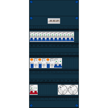 Schotman Elektro B.V. - SEP FS63A, 1xHoofdschakelaar, 3xAardlekschakelaar, 11xInstallatieautomaat, 1xFornuisgroep, 2xContactdoos, 1 Fase