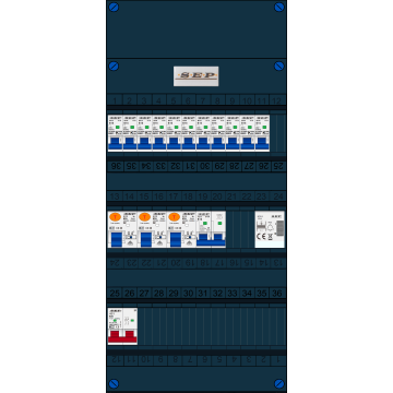  Schotman Elektro B.V. - SEP FS63A, 1xHoofdschakelaar, 3xAardlekschakelaar, 11xInstallatieautomaat, 1xFornuisgroep, 1xBeltrafo, 1 Fase