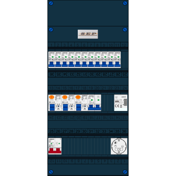 Schotman Elektro B.V. - SEP FS63A, 1xHoofdschakelaar, 3xAardlekschakelaar, 11xInstallatieautomaat, 1xFornuisgroep, 1xBeltrafo, 1xContactdoos, 1 Fase