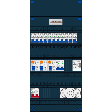 Schotman Elektro B.V. - SEP FS63A, 1xHoofdschakelaar, 3xAardlekschakelaar, 11xInstallatieautomaat, 1xFornuisgroep, 1xBeltrafo, 2xContactdoos, 1 Fase