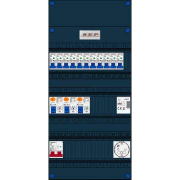 Schotman Elektro B.V. - SEP FS63A, 1xHoofdschakelaar, 3xAardlekschakelaar, 11xInstallatieautomaat, 1xBeltrafo, 1xContactdoos ,1 Fase