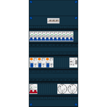 Schotman Elektro B.V. - SEP FS63A, 1xHoofdschakelaar, 3xAardlekschakelaar, 11xInstallatieautomaat, 1xBeltrafo, 2xContactdoos ,1 Fase