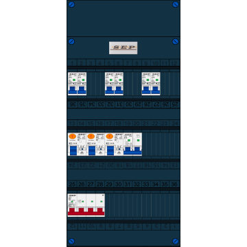 Schotman Elektro B.V. - SEP FS63A, 1xHoofdschakelaar, 3xAardlekschakelaar, 6xInstallatieautomaat, 1xFornuisgroep, 3 Fase